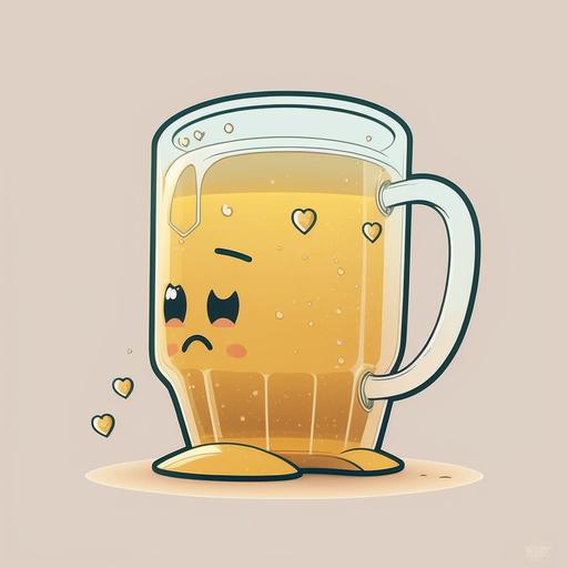 an emote of a heartbroken cartoon beer mug, Golden color, Made of glass, drawn in chibi art style