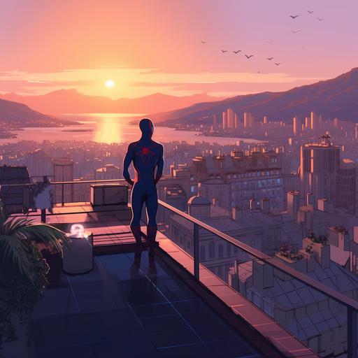 an emoty rooftop with a background of the monaco skyline. In the style of spiderman into the spiderverse. The scene should be set at night --v 5