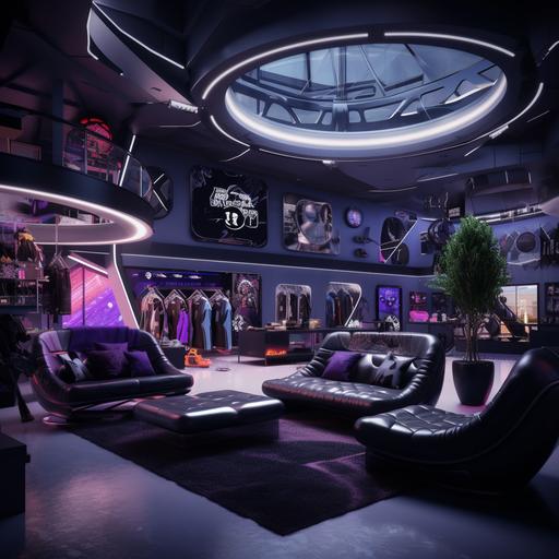 an emporium of streetwear attire, futuristic furniture, purple and black accents, super cozy and comfortable, music players around big speakers