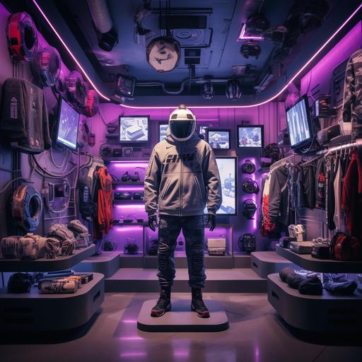 an emporium of streetwear attire, futuristic furniture, purple and black accents, super cozy and comfortable, music players around big speakers, boomboxes, vinyl player, video game spot, spray paint, clothing hung up, military wear on mannequin