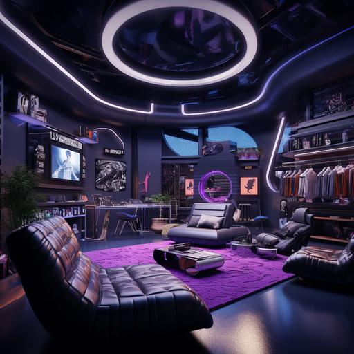 an emporium of streetwear attire, futuristic furniture, purple and black accents, super cozy and comfortable, music players around big speakers