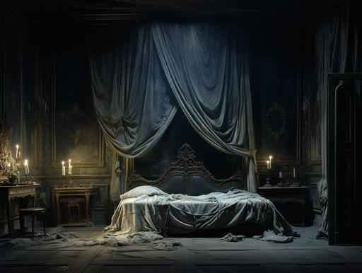 an empty bedroom, with empty frames on the walls, of a big noble country house, in Paris, 1850, at night, dreamy, dramatic --ar 4:3 --v 5.2