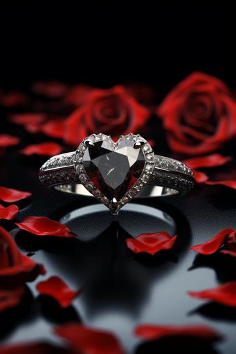 an empty black enviroment, surrounded by red roses, with a single silver ring with a single diamond heart stone, Photorealistic, --ar 2:3