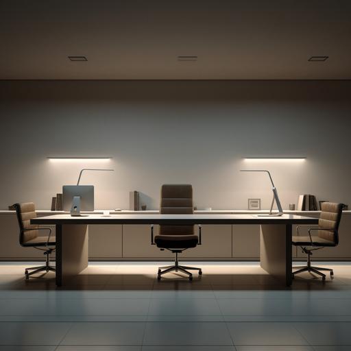 an empty office with minimal desks, chairs, computers, empty wall behind, a minimal table lamps lit on the table, ultra realistic