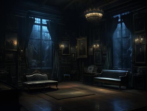 an empty room, with empty frames on the walls, of a big noble country house, in Paris, 1850, at night, dreamy, dramatic --ar 4:3 --v 5.2