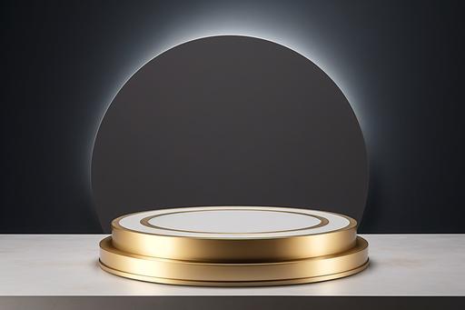 an empty trophy stand on a gray background, in the style of light beige and gold, rounded, cyclorama, use of common materials, matte photo, realistic depiction of light --ar 128:85