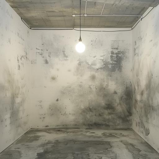 an empty whitte room with a single light bulb hanging from th ceiling. There is faint gray scribblings on the walls