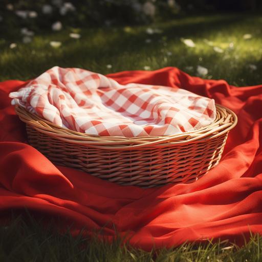 an empty wicker basket on a red and white gingham blanket on the grass, photorealistic
