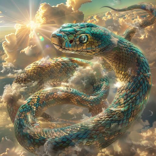 an enchanting snake who lives in the clouds. her scales are teal, turquoise and gold. her eyes are bright and her scales are shimmery. the snake is floating on a very heavenly backdrop with clouds, and sun and sky.
