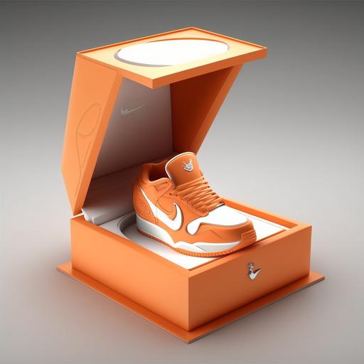 an engagement ring box that looks like a orange Nike shoe box. The box is opened with a diamond ring inside. 8k