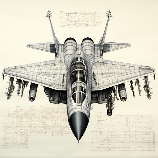 an engineering drawing, down view, birds eye view, looking straight down on an F/A-18 Super Hornet, simple vector, line drawing, cloloring book, thick black lines on white paper.