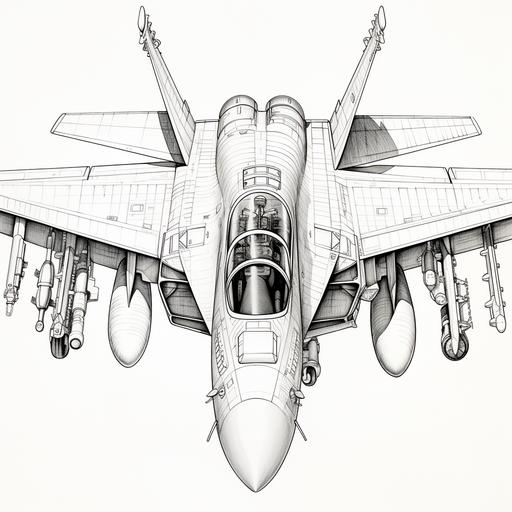 an engineering drawing, down view, birds eye view, looking straight down on an F/A-18 Super Hornet, simple vector, line drawing, coloring book, thick black lines on white paper.