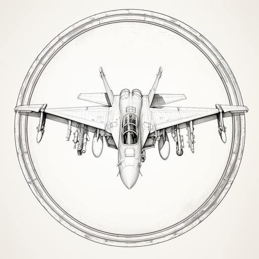 an engineering drawing, down view, birds eye view, looking straight down on an F/A-18 Super Hornet, simple vector, line drawing, coloring book, thick black lines on white paper.