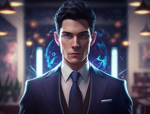 an entrepreneur game in a suit, blue tie, black hair, blue eyes, white skin, I want the photo to be taken with a nikon D850, the lights dim in the background to highlight the character. --ar 4:3