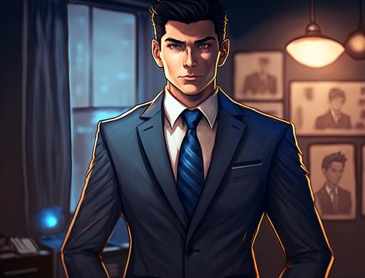 an entrepreneur game in a suit, blue tie, black hair, blue eyes, white skin, I want the photo to be taken with a nikon D850, the lights dim in the background to highlight the character. --ar 4:3