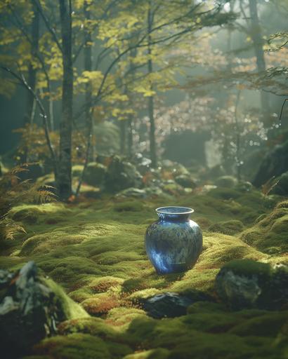 an ethereal zen moss garden in the magical forest, inspired by the Chinese song dynasty painting, first ray of sunshine through morning mist, hint of rainbow in the sky, beautiful light and shadows, depth of view, photography by Toshio Shibata, a beautiful blue glass vase filled wi the water standing on the moss, the sunlight shines through the vase making beautiful light, texture, ambient, natural lighting, mythology and folklore, editorial style, shot on 30mm film, Japanesee screenprint, award-winning cinematography, children’s story, ghibli inspired, photorealistic, natural lighting, consciousness and awareness provoking design, enlightening, inspiring, meditative, contemplative, hope, beautiful lights, dreamlike, poetic --v 6.0 --ar 4:5