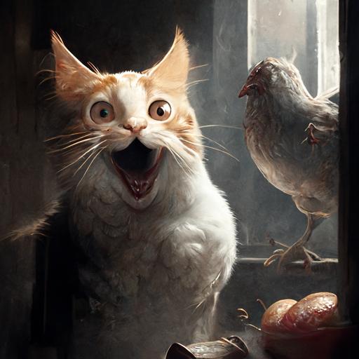 an evil cat looking at chicken and laughing at them