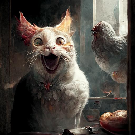 an evil cat looking at chicken and laughing at them