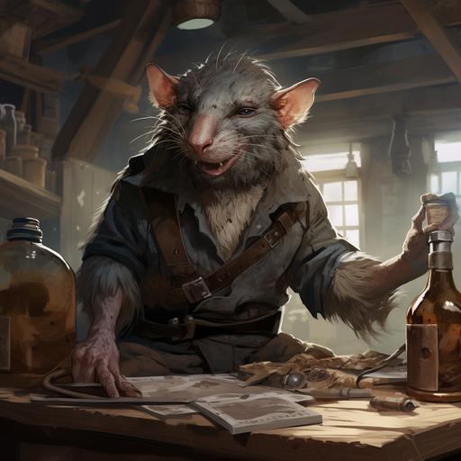 an evil-looking half rat half human carpenter who made furniture before getting mixed in with the wererats mob; he ratted them out and currently is in witness protection – shipping is an easy excuse to be out of the country. He has two rats that help chew to shape his wood, or hang out on his shoulder. He always has a few nails hanging out on his mouth like toothpicks; in combat, he uses nails like darts.