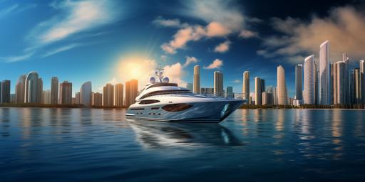 an expensive yacht with a very large NFL football sticking up at an angle out of the roof of it. The yacht is floating in the water off the coast of Miami. Miami skyline in the background. photorealistic. --ar 2:1