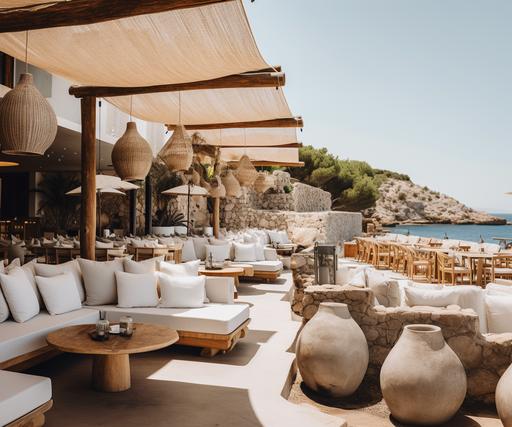 an exterior view of a beach club in Ibiza, Spain, white sheers blowing wind, with grey and beige stucco walls, some stone walls, wicker decor, olive trees, palms, beige umbrella, pool on the beach, sun beds, tables, chairs, view of the bar, wood porch, white fabric sheet on the ceiling of the porch, decor lighting, candles, beige stone pavers, white furniture, pink flower ivory, sunset time, mediterranean-inspired, minimalist detail, handcrafted designs, earthy tones, 8k, --v 5.2