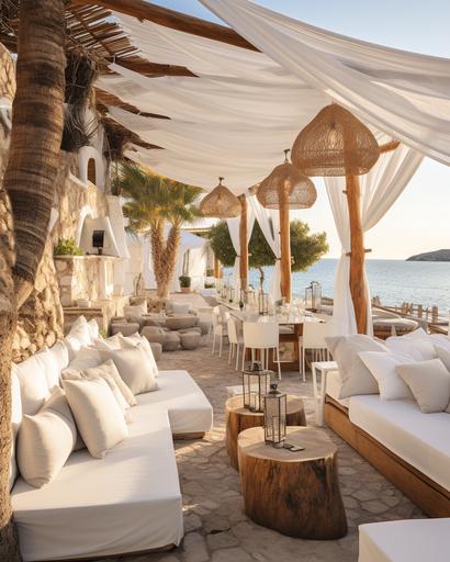 an exterior view of a beach club in Ibiza, Spain, white sheers blowing wind, with grey and beige stucco walls, some stone walls, wicker decor, olive trees, palms, beige umbrella, pool on the beach, sun beds, tables, chairs, view of the bar, wood porch, white fabric sheet on the ceiling of the porch, decor lighting, candles, beige stone pavers, white furniture, pink flower ivory, sunset time, mediterranean-inspired, minimalist detail, handcrafted designs, earthy tones, 8k, --ar 4:5 --v 5.2