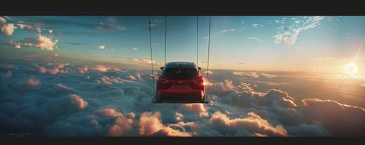 an extreme wide angle symmetrical shot, highly photorealistic photographic movie still with motion blur, of a metallic red 2022 nissan qashqai being lifted on a large solid metal platform by a crane through the clouds high above the earth in the stratosphere in warm early morning light transitioning to night and space --ar 5:2 --v 6.0