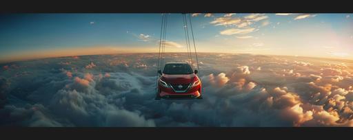 an extreme wide angle symmetrical shot, highly photorealistic photographic movie still with motion blur, of a metallic red 2022 nissan qashqai being lifted on a large solid metal platform by a crane through the clouds high above the earth in the stratosphere in warm early morning light transitioning to night and space --ar 5:2 --v 6.0