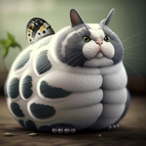 an extremely fat grey and white Cat that is a caterpillar bug, so fat it can’t catch its meal