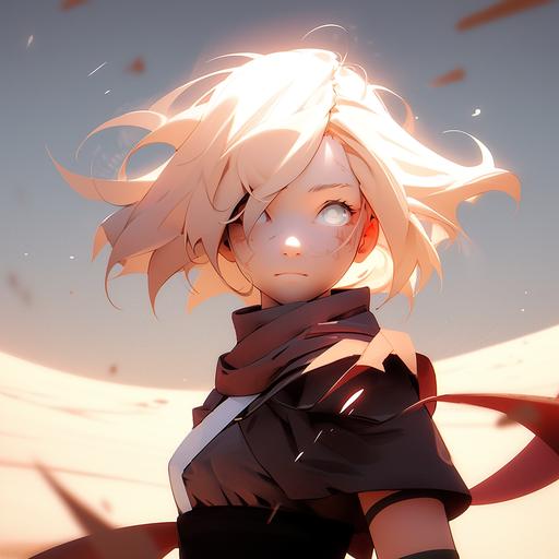 an extremely fierce young Norwegian women with blonde hair, her haircut is a bob with longer hair streaming down the chest, Extremely tough look on face::1.5 with red horizontal streaks under the eyes::2 Emotive eyes, large nose, cute, vibrant colors, sunbeams, many desert dunes --niji 5 --style scenic --seed 1804041469