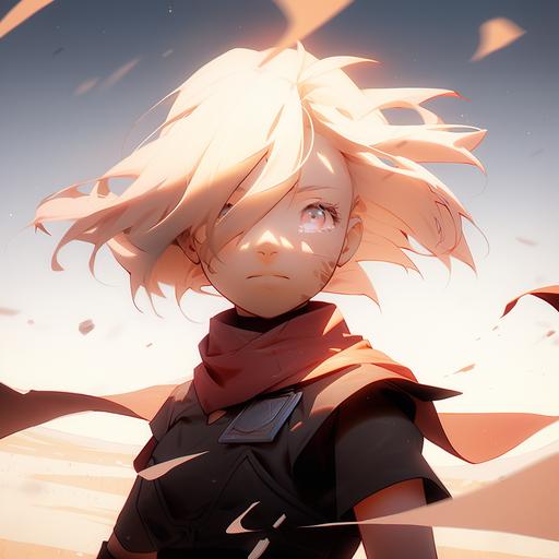 an extremely fierce young Norwegian women with blonde hair, her haircut is a bob with longer hair streaming down the chest, Extremely tough look on face::1.5 with red horizontal streaks under the eyes::2 Emotive eyes, large nose, cute, vibrant colors, sunbeams, large Golden desert dunes --niji 5 --style scenic --seed 1804041469