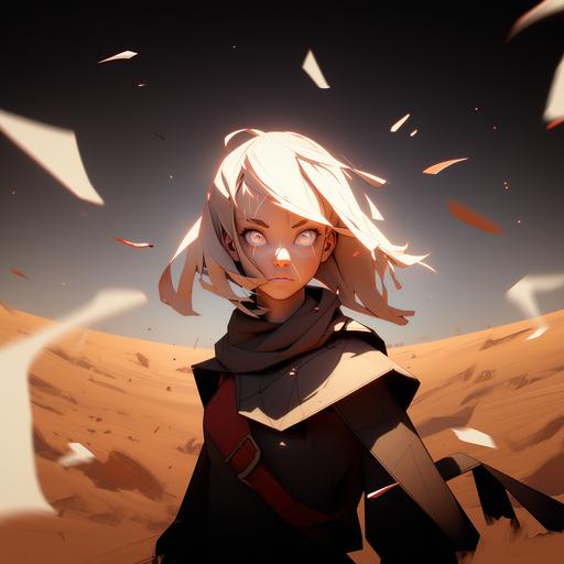 an extremely fierce young Norwegian women with blonde hair, her haircut is a bob with longer hair streaming down the chest, Extremely tough look on face::1.5 with red horizontal streaks under the eyes::2 Emotive eyes, large nose, cute, vibrant colors, Cinematic Lighting, Golden desert dunes --niji 5 --style scenic