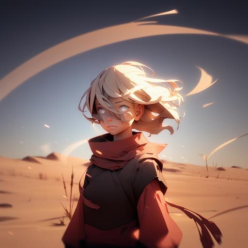 an extremely fierce young Norwegian women with blonde hair, her haircut is a bob with longer hair streaming down the chest, Extremely tough look on face::1.5 with red horizontal streaks under the eyes::2 Emotive eyes, large nose, cute, vibrant colors, Cinematic Lighting, Golden desert dunes --niji 5 --style scenic