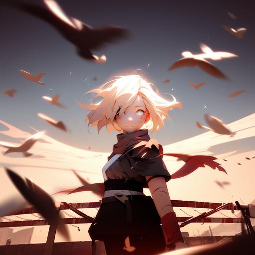 an extremely fierce young Norwegian women with blonde hair, her haircut is a bob with longer hair streaming down the chest, Extremely tough look on face::1.5 with red horizontal streaks under the eyes::2 Emotive eyes, large nose, cute, vibrant colors, sunbeams, many desert dunes --niji 5 --style scenic