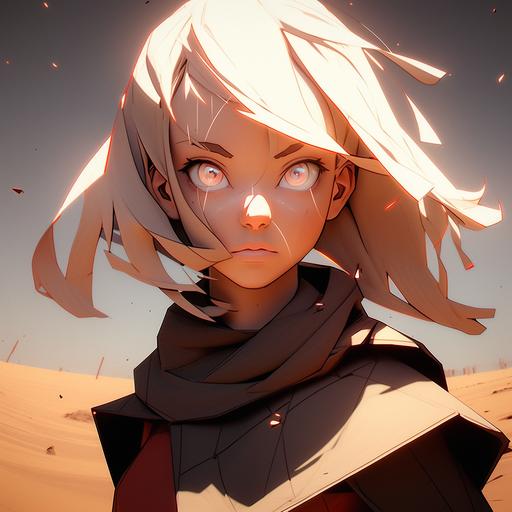 an extremely fierce young Norwegian women with blonde hair, her haircut is a bob with longer hair streaming down the chest, Extremely tough look on face::1.5 with red horizontal streaks under the eyes::2 Emotive eyes, large nose, cute, vibrant colors, Cinematic Lighting, Golden desert dunes --niji 5 --style scenic --seed 1804041469