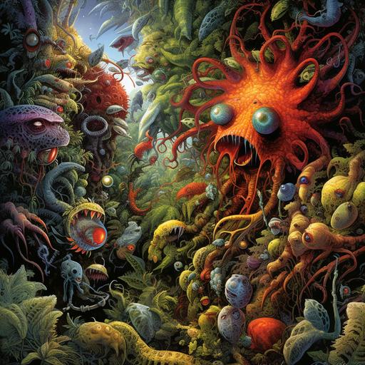 an extremely intricately detailed solarium hellscape filled with pustulent, bulbous vines, vile flowering plants plagued with blight and fruiting with the faces of tormented souls fed on by large, parasitic insects with giant, iridescent compound eyes sucking the life juice out of the plants and faces. Vibrant color, detailed with fractal geometry and hints of psychedelia. Style of hieronymus bosch and carravagio