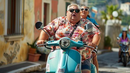 an extremely obese couple riding a single vespa, the female is riding pillion, they have a look of terror on their face, they are in the amalfi coast, they look like traditional american tourists with a camera round their neck. they are wearing holiday shirts, the lighting is amazing, 8k. shot on sony alpha a9, the couple look as realistic as possible, the shot is at an angle so you can see both people clearly, the photo is a reportage style, but also like a photoshoot --ar 16:9 --v 6.0