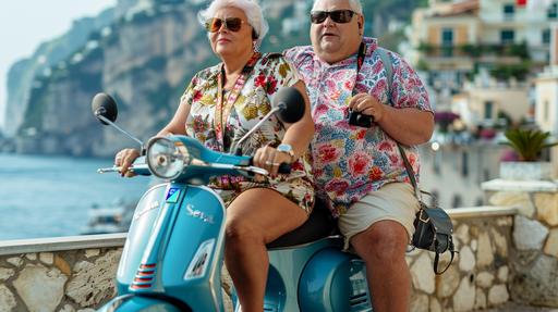 an extremely obese couple riding a single vespa, the female is riding pillion, they are in the amalfi coast, they look like traditional american tourists with a camera round their neck. they are wearing holiday shirts, the lighting is amazing, 8k. shot on sony alpha a9, the couple look as realistic as possible, the shot is at an angle so you can see both people clearly, the photo is a reportage style, but also like a photoshoot --ar 16:9 --v 6.0