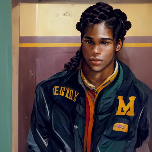 an handsome male ebony teen with braids in a varsity jacket 1980's highschool setting