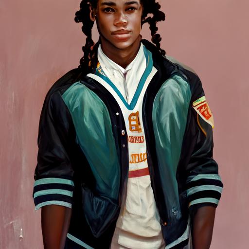 an handsome male ebony teen with braids in a varsity jacket 1980's highschool setting
