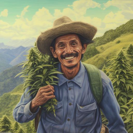 an hiperrealistic image oof a happy colombian farmer with a caannabis flied on his back, and a landscape oof beautiful mountains behind the cannabis field. The farmer ha a colombian hat and has his clothes and haands dirty beacuase of hard work agricukture work