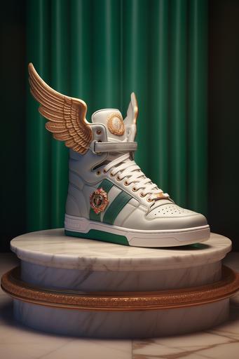 an hyper realistic gucci pair of shoes with angels wing alongside High res. Super detailed. Realistic. Hasselblad H6D-100c, studio light, global illumination --ar 2:3