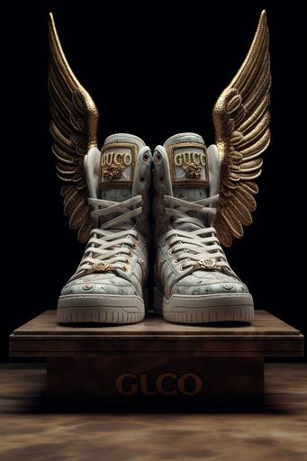 an hyper realistic gucci pair of shoes with angels wing alongside High res. Super detailed. Realistic. Hasselblad H6D-100c, studio light, global illumination --ar 2:3