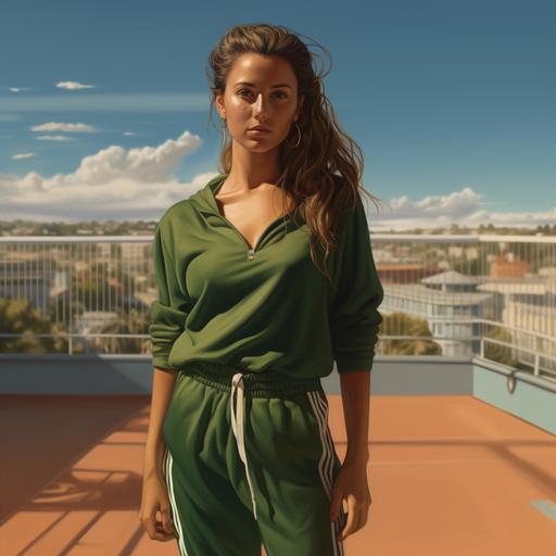 an hyperealistic picture of a Spanish Young woman, in Green track suit trousers, fully body, taken with a Nikon D5