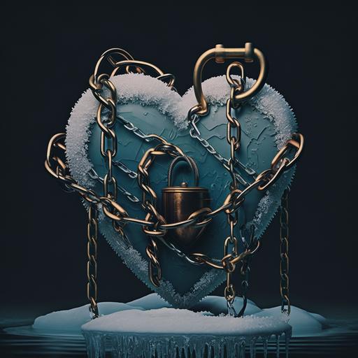 an ice cold heart with chains and a padlock around it, album cover, sad, high resolution