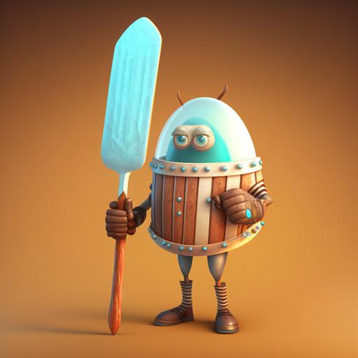 an ice cream warrior holding a popsicle stick shield, popsickle stick sword, 3d render, cover art, style sheet, concept art --v 4