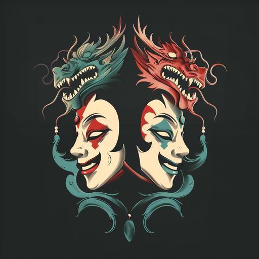 an icon illustration of two jester masks of one being sad and another being happy. One mask has a dragon detail design while the other one has a katana design on it. Change color red color on the mask into blue and have it frowning. --v 6.0