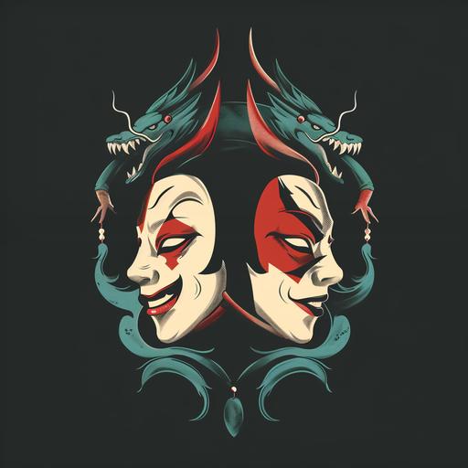 an icon illustration of two jester masks of one being sad and anotehr being happy. One mask has a dragon detail design while the other one has a katana design on it. --v 6.0