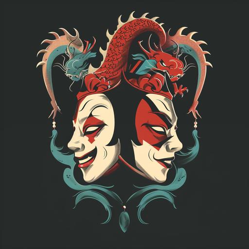 an icon illustration of two jester masks of one being sad and anotehr being happy. One mask has a dragon detail design while the other one has a katana design on it. --v 6.0