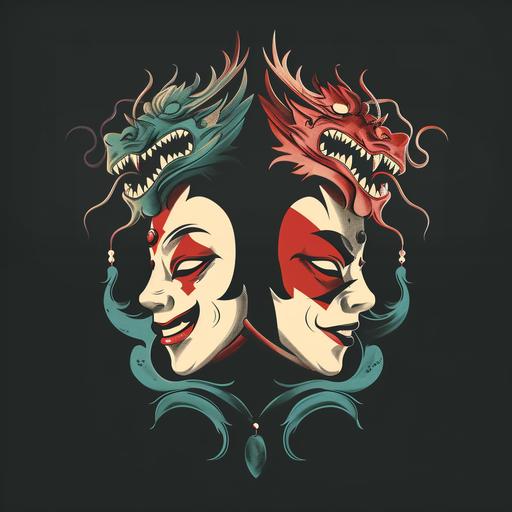 an icon illustration of two jester masks of one being sad and another being happy. One mask has a dragon detail design while the other one has a katana design on it. One dragon crimson red while the other dragon is a blue dragon. Change this into a cherry flower design, remove the tails --v 6.0